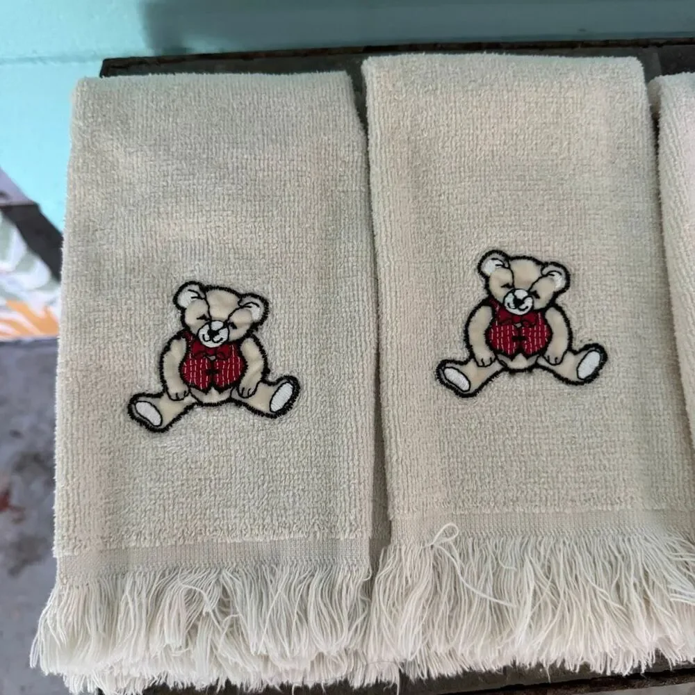 Vintage Teddy Bear Cream Hand or Dish Towels Set of 4